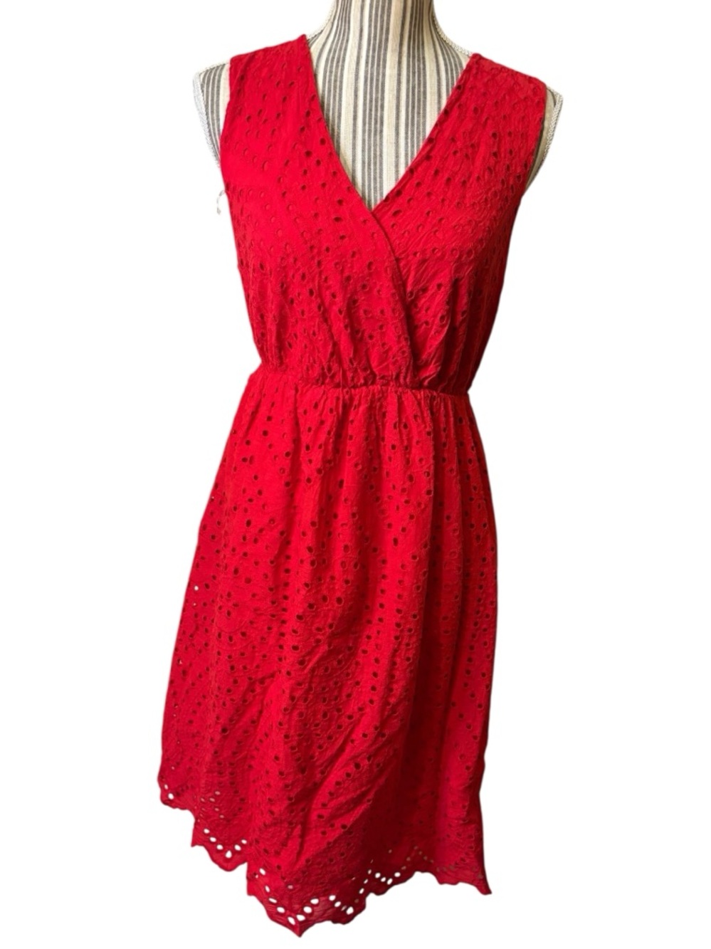 Le Ragazze Dress Large Red Eyelet Midi V-Neck Elastic Waist Cotton Made in Italy